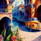 Colorful Venetian Canal Illustration with Vintage Cars and Gondolas