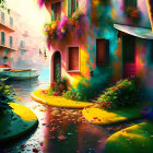 Colorful waterfront scene with flower-adorned buildings, docked boats, and shimmering reflections.