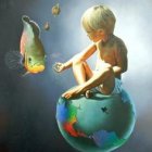 Child's face in moon-like sphere with colorful fish and bubbles in surreal underwater illustration