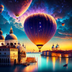 Colorful sunset sky with floating hot air balloons above a waterfront city with domed buildings.