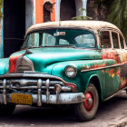 Vintage Green Car with Floral Design Parked Beside Vibrant Building