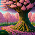 Colorful surreal landscape with pink trees, green trunk, purple flowers, and lush purple grass.