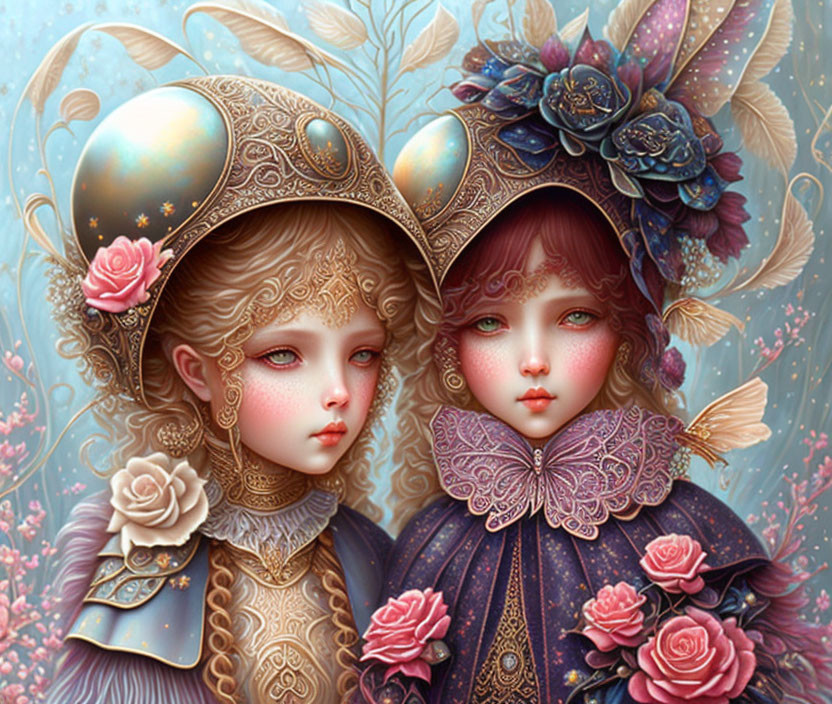 Ethereal illustrations of girls with elaborate headdresses adorned with roses and butterflies