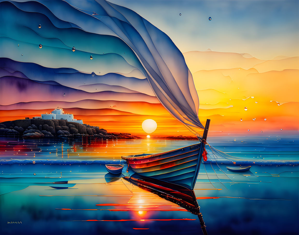 Vibrant digital artwork of seaside sunset with boat