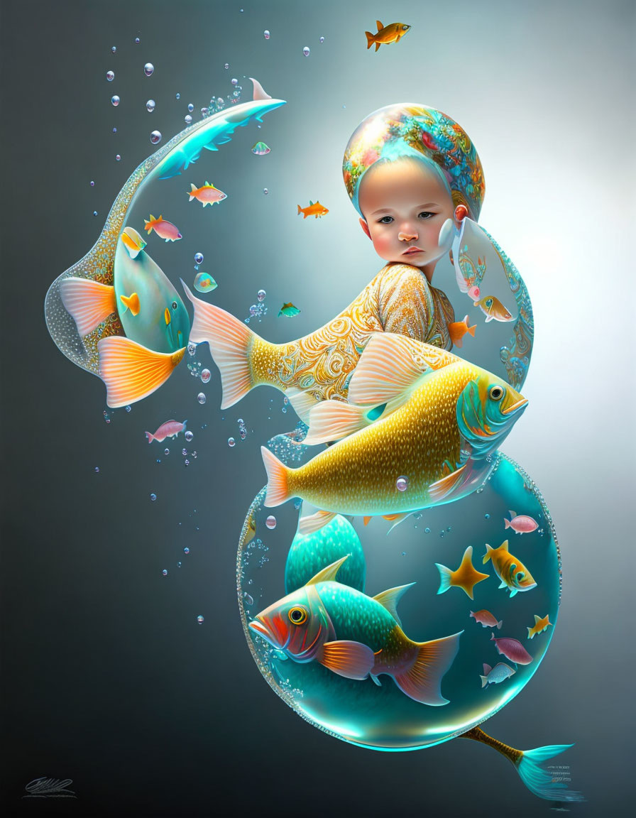 Child's face in moon-like sphere with colorful fish and bubbles in surreal underwater illustration