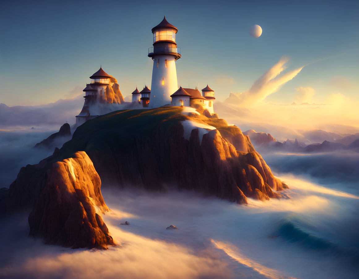 Serene fantasy landscape: lighthouses, misty cliffs, twilight sky, crescent moon,