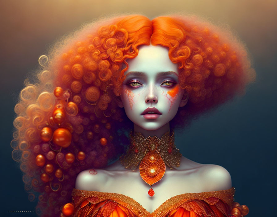 Voluminous curly red hair woman in ornate orange dress