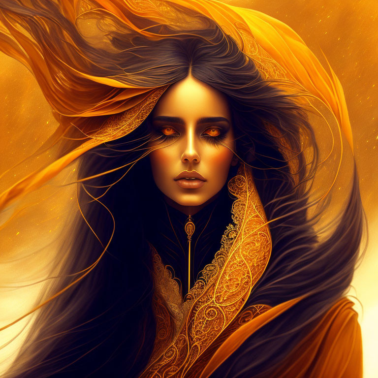 Dark-haired woman digital artwork with golden highlights and intricate patterns on warm background.