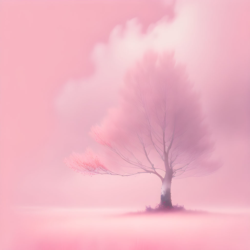 Solitary tree in soft pink mist with fog and pastel sky