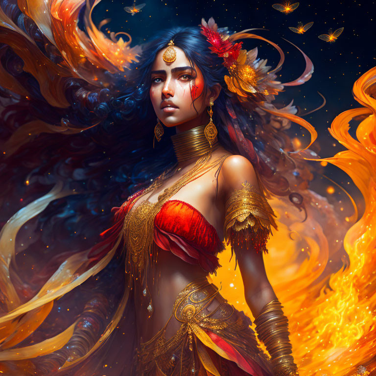 Illustrated woman in gold jewelry and red outfit engulfed in flames