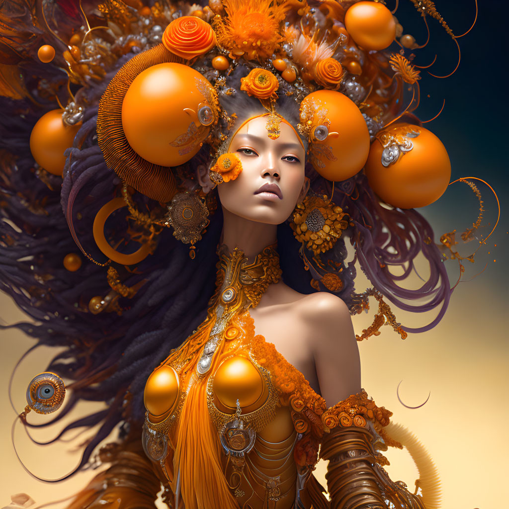 Elaborate Orange-themed Woman Artwork