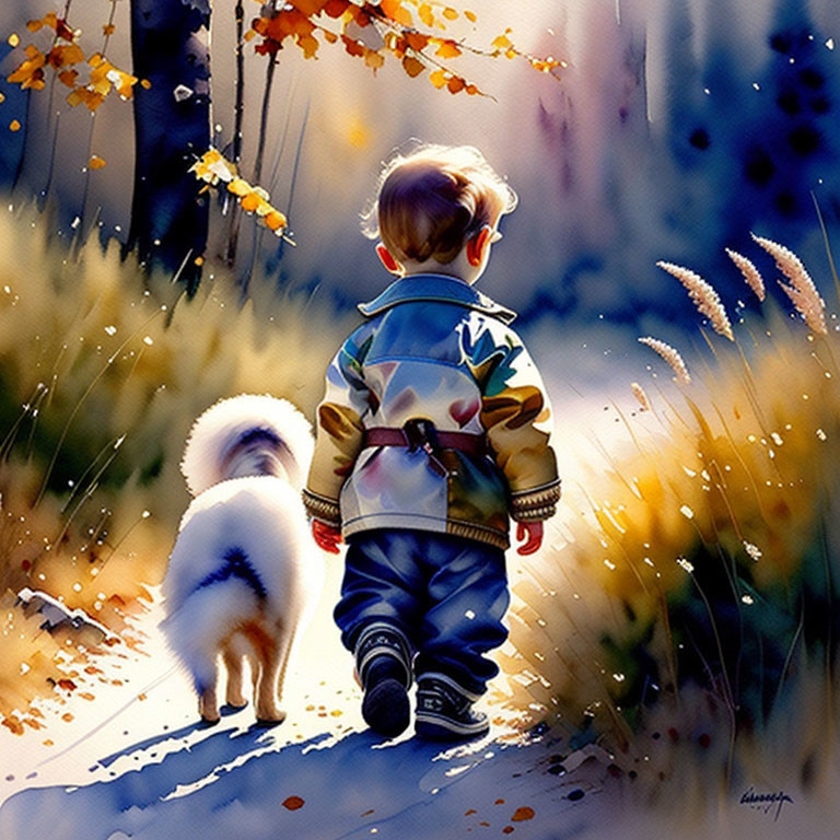 Child and white dog walking in autumn scenery with falling leaves