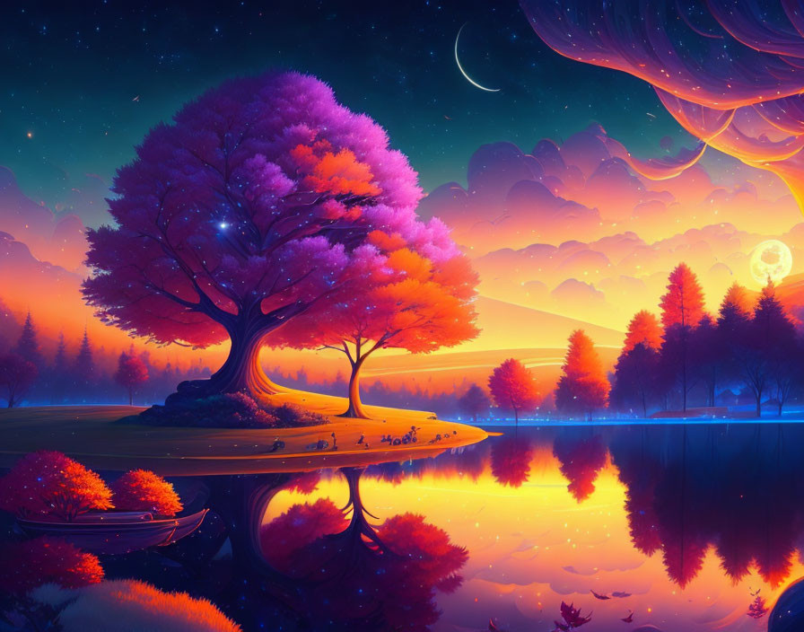 Digital art: Surreal landscape with luminous tree, serene lake, starry twilight sky.