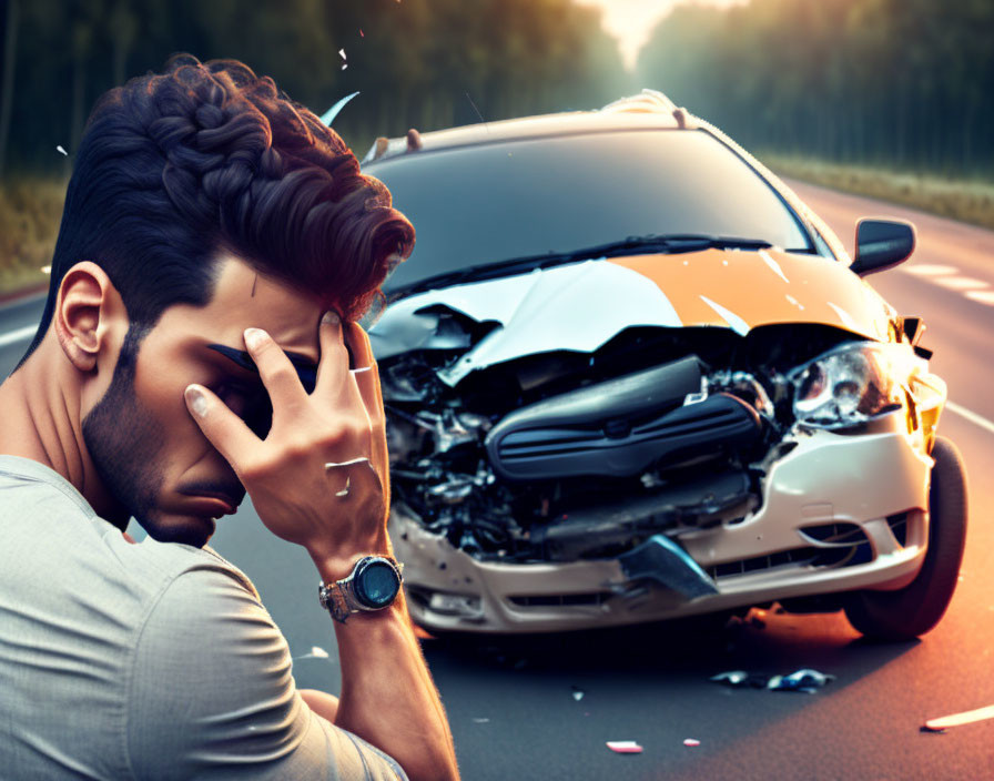 Man standing by damaged car after accident on road with trees.