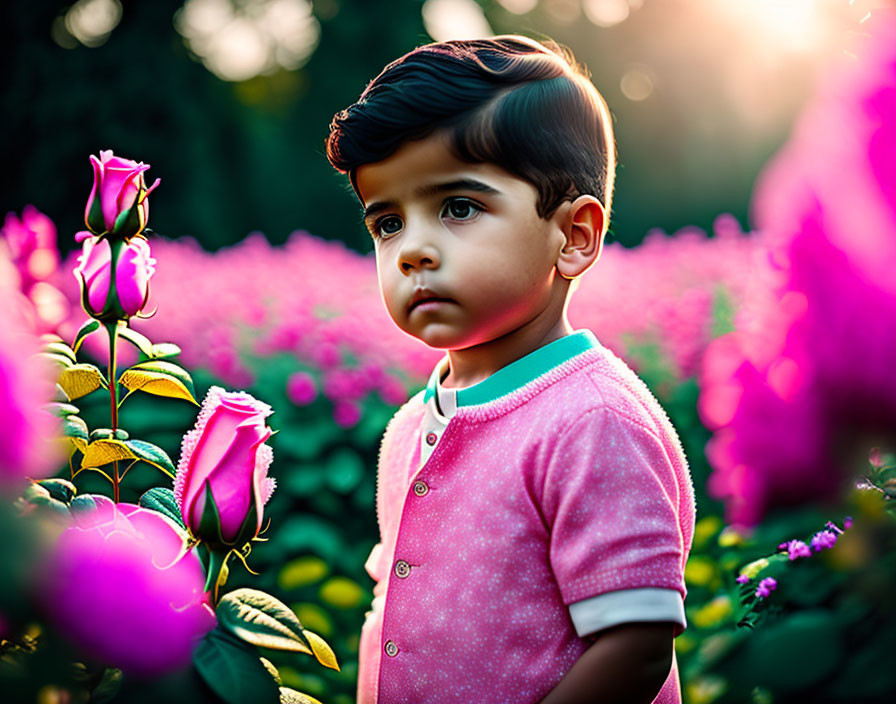 Child standing in pink roses during golden hour with sunlit background