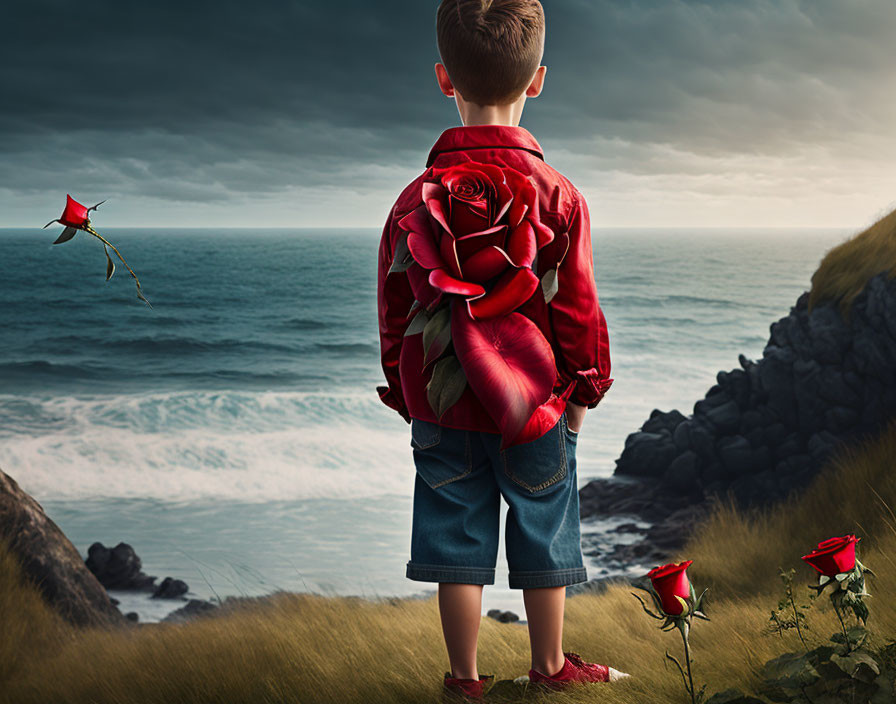 Boy with kite on rocky shore wearing red shirt with rose design