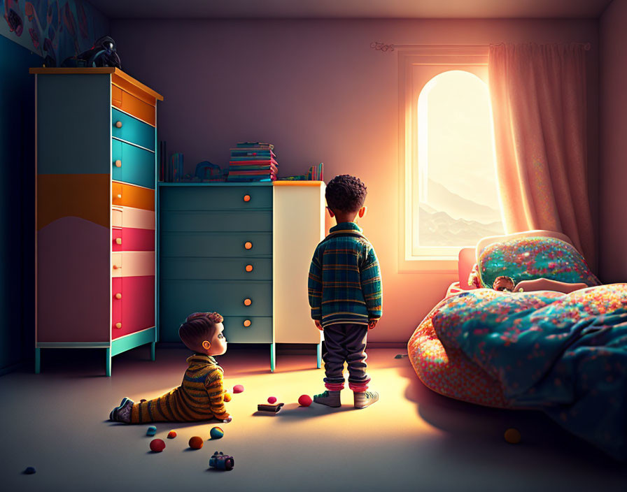 Children in Colorful Bedroom at Dawn with Scattered Toys