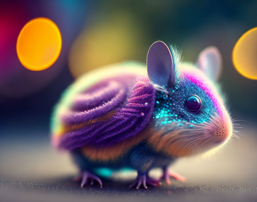 Vibrant purple fur mouse digital artwork on bokeh light background