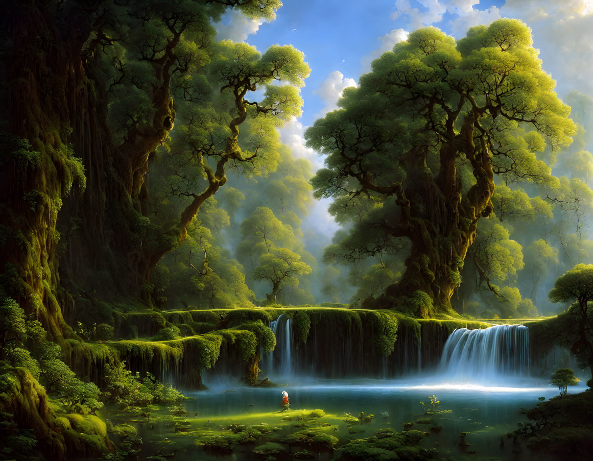 Fantasy landscape with green trees, waterfall, figure by pond in mystical fog