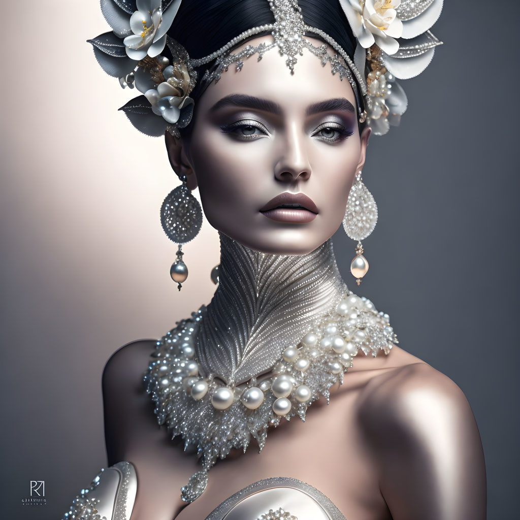 Sophisticated digital art portrait of woman with pearl jewelry and floral headpieces