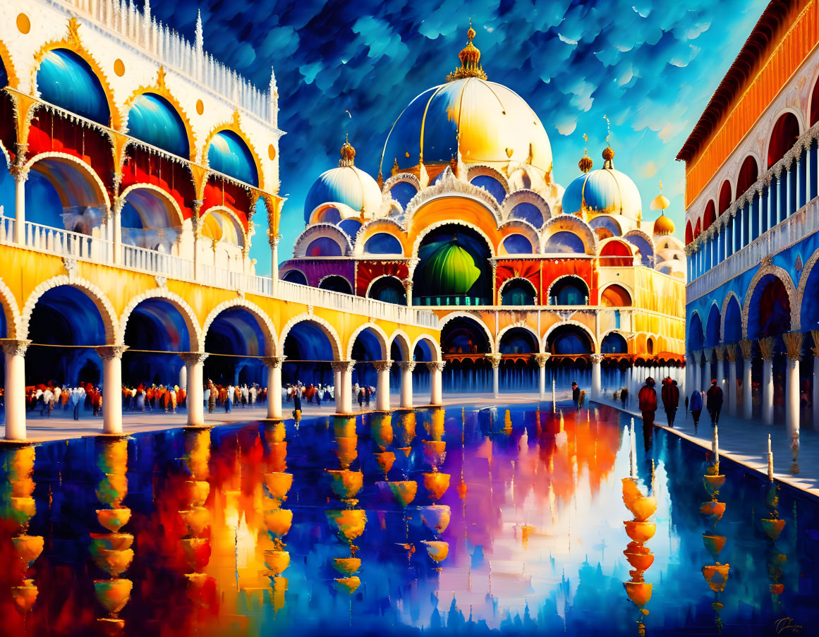 Colorful Venetian Scene with Ornate Buildings and Reflective Water