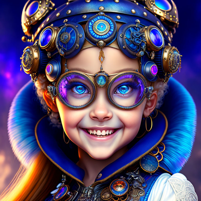 Smiling child in steampunk-style helmet with blue eyes