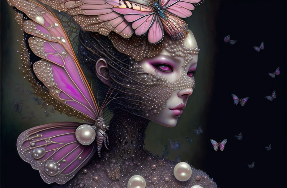 Fantasy illustration of woman with butterfly wings and pearls in dark setting