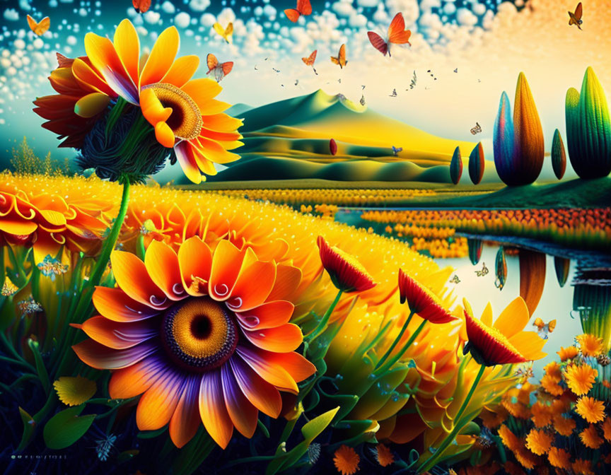 Colorful surreal landscape with flowers, butterflies, and reflective water under starry sky