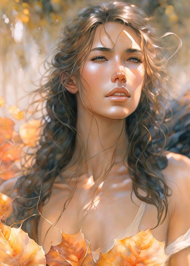 Digital portrait of woman with flowing hair among autumn leaves in warm, sunlit scene