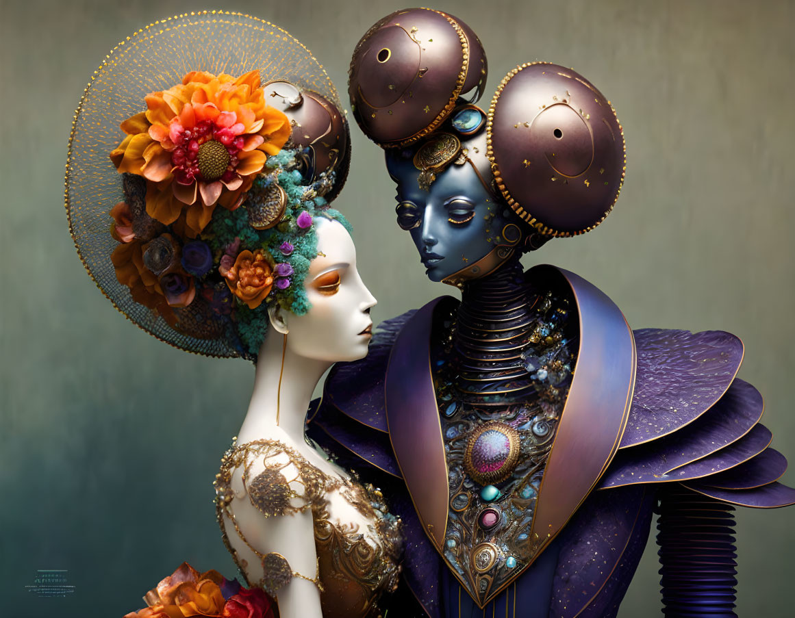 Futuristic mannequins in blue and gold costumes with elaborate headgear