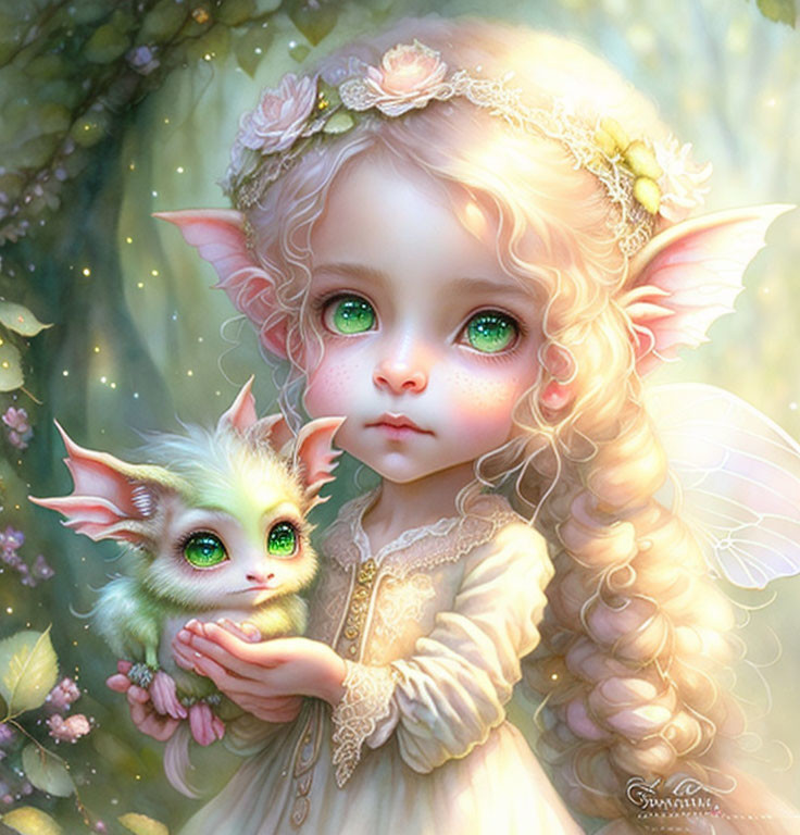 Fantasy illustration of young girl with green eyes, elfin ears, and floral crown holding mythical creature