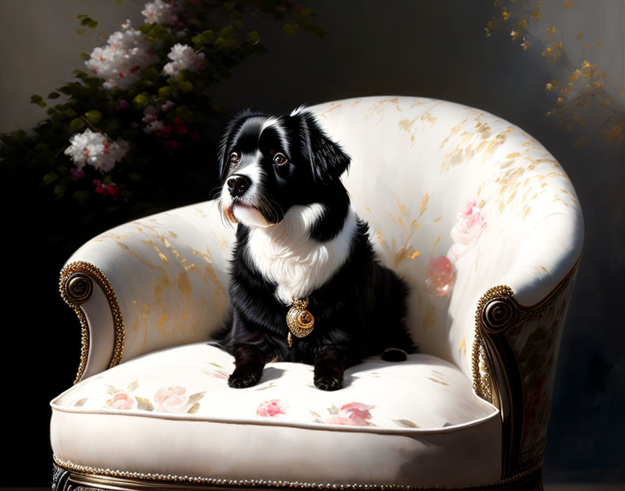 Black and white dog sitting on floral armchair with flowers in background