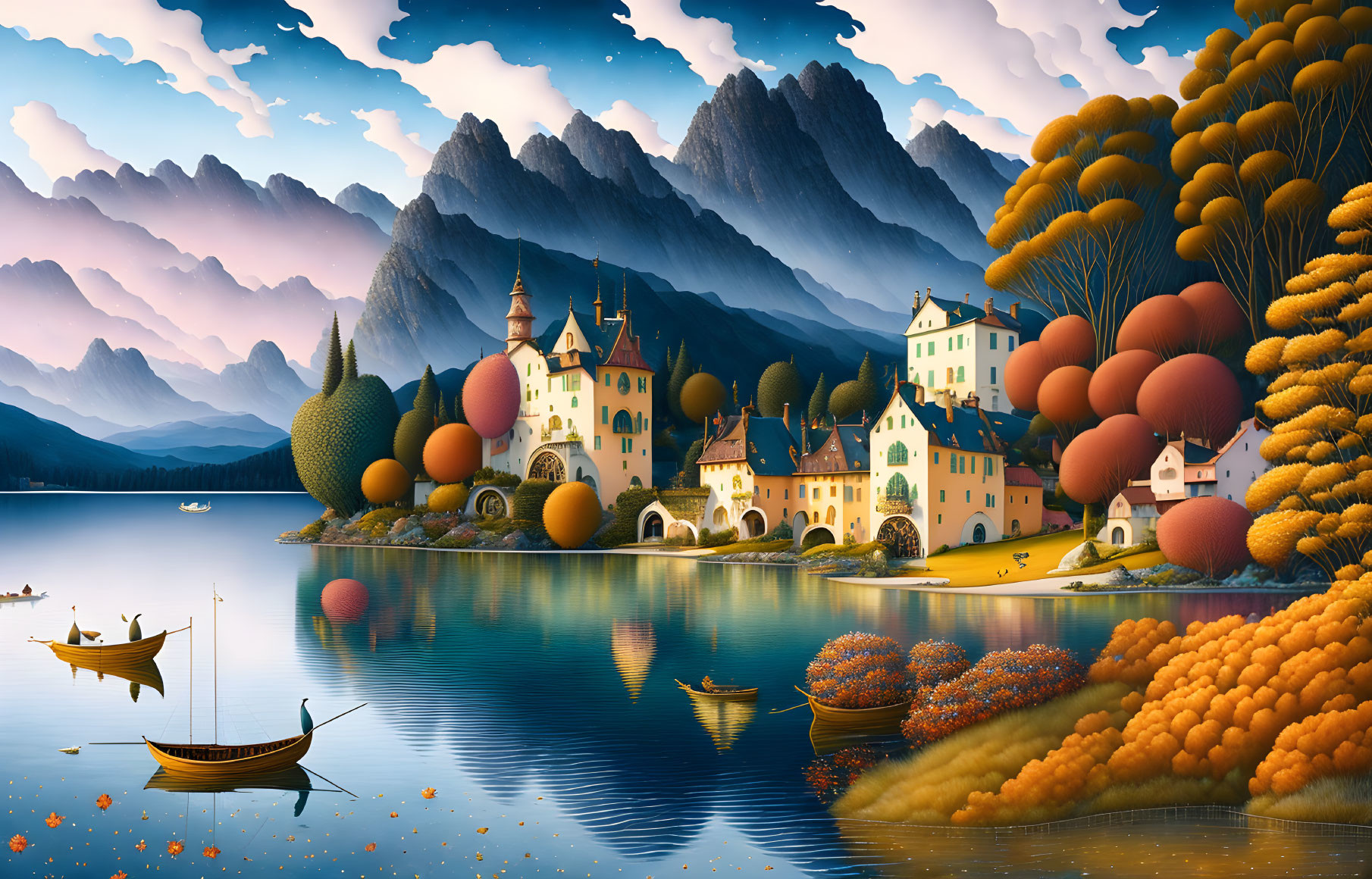Tranquil village scene with lake, boats, and autumn trees