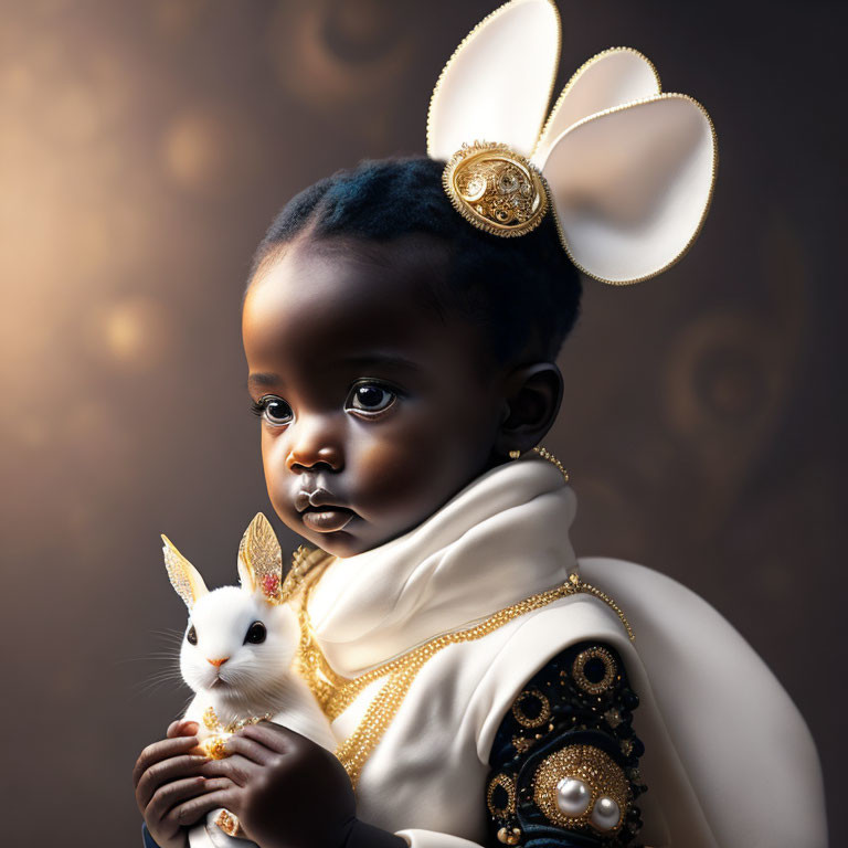 Young child with dark eyes in ornate attire holds white rabbit against glowing backdrop