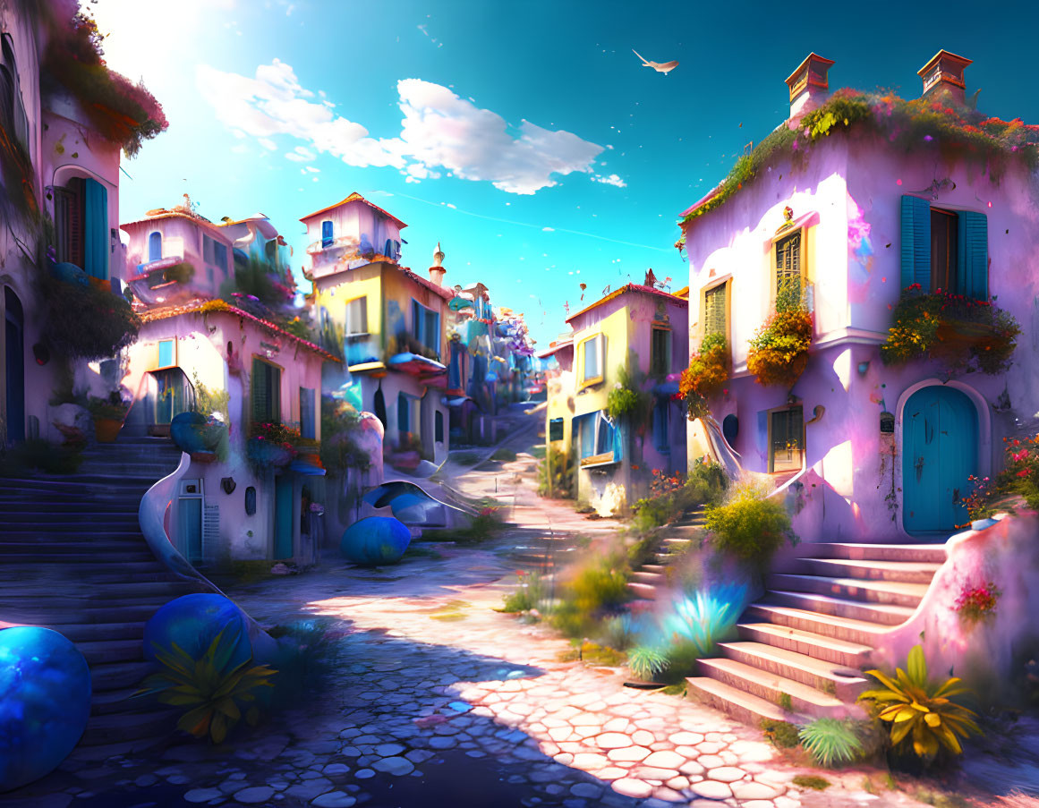 Colorful Street with Whimsical Houses and Blue Orbs on Clear Sky