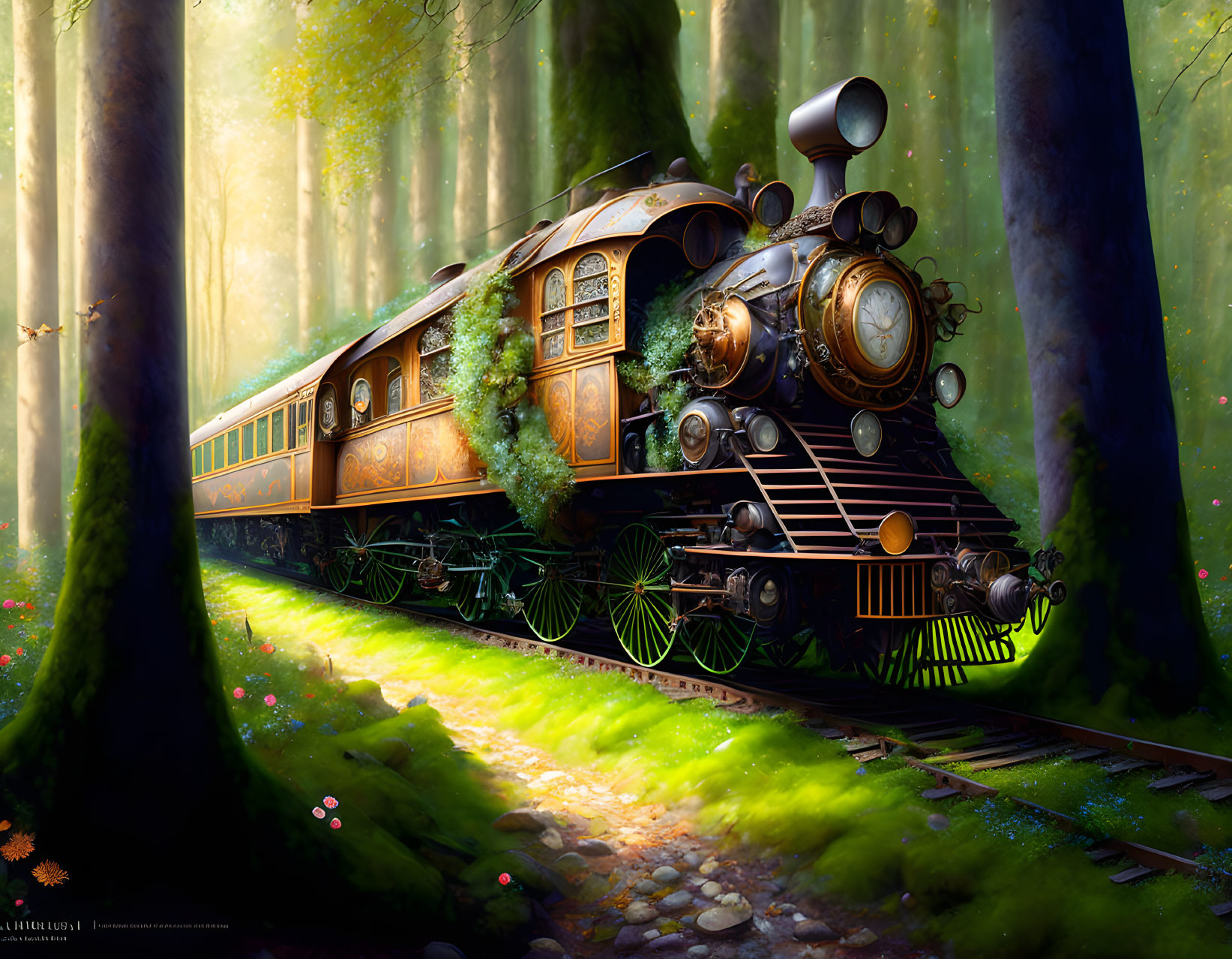 Vintage Train in Mystical Forest with Sunbeams