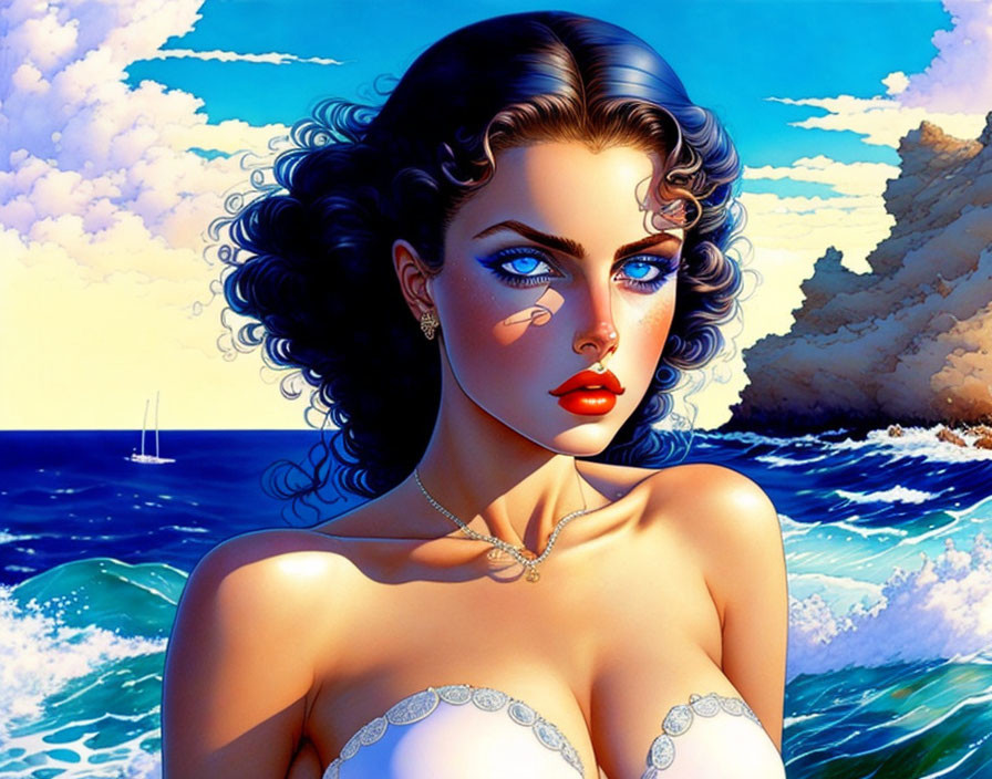 Woman with Blue Eyes and Red Lips in Ocean Yacht Scene