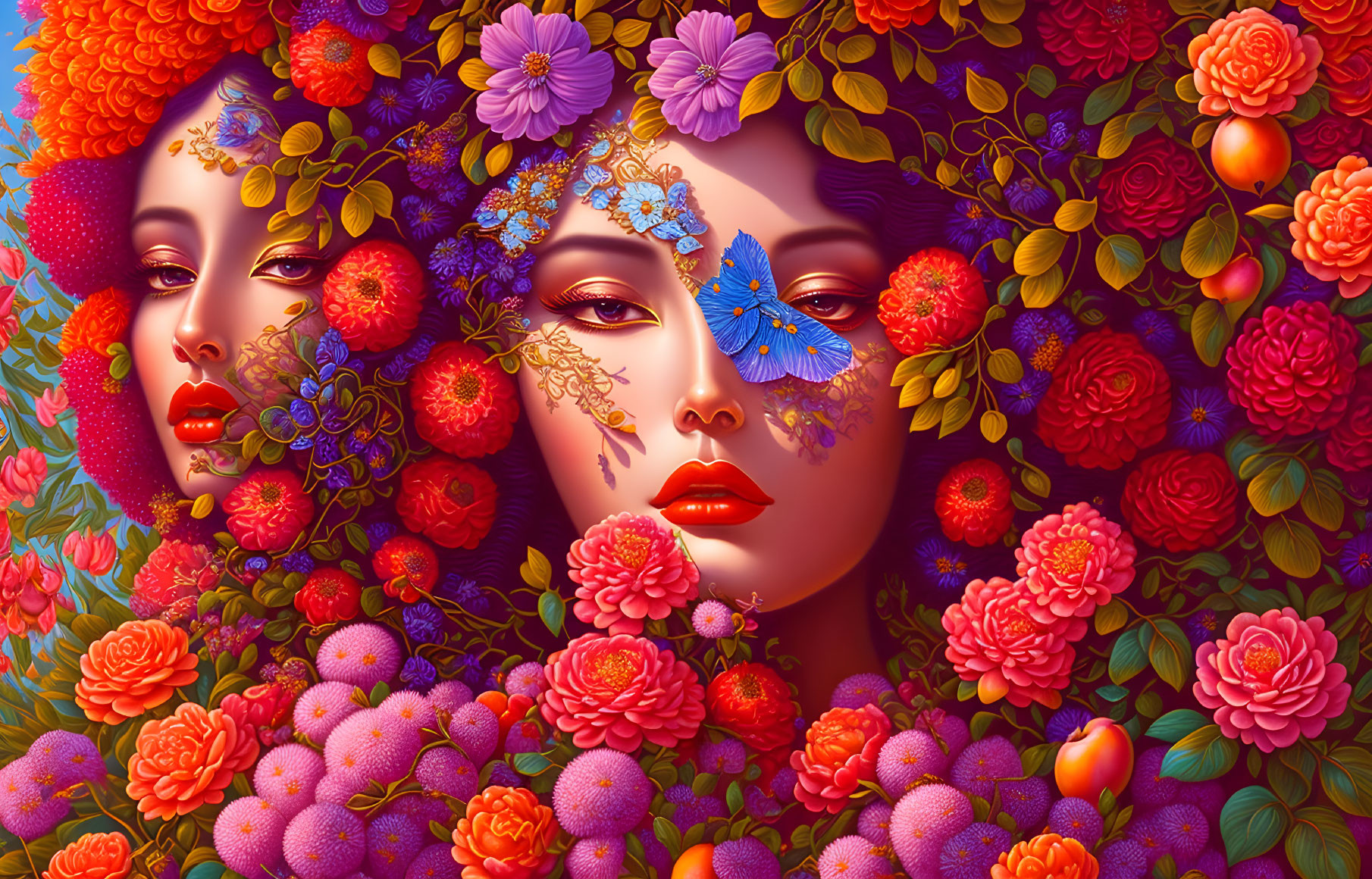Colorful Artwork of Two Female Figures with Flowers, Fruits, and Butterfly