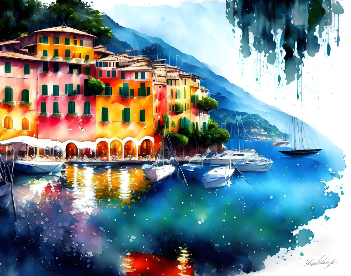 Vibrant Watercolor Painting of Colorful Waterfront Buildings