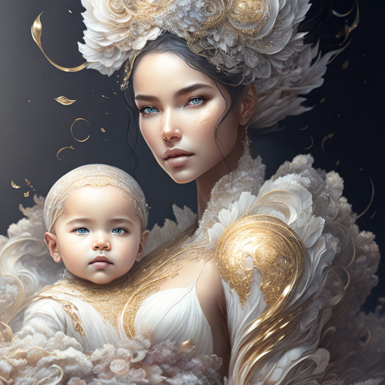 Digital Art Portrait of Woman and Child in White and Gold Attire