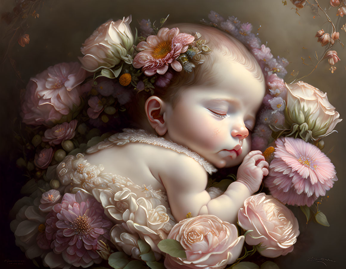 Sleeping Baby Surrounded by Soft-Colored Flowers and Petals