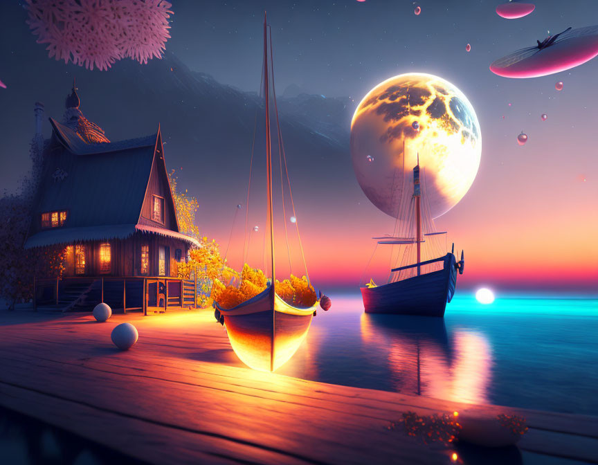 Surreal landscape with house, sailboat, moon, planets, and UFOs