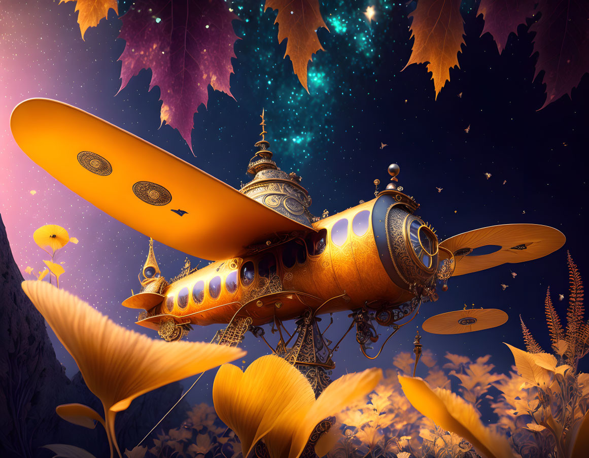 Steampunk-style airship floating under starry sky among autumn leaves and flora