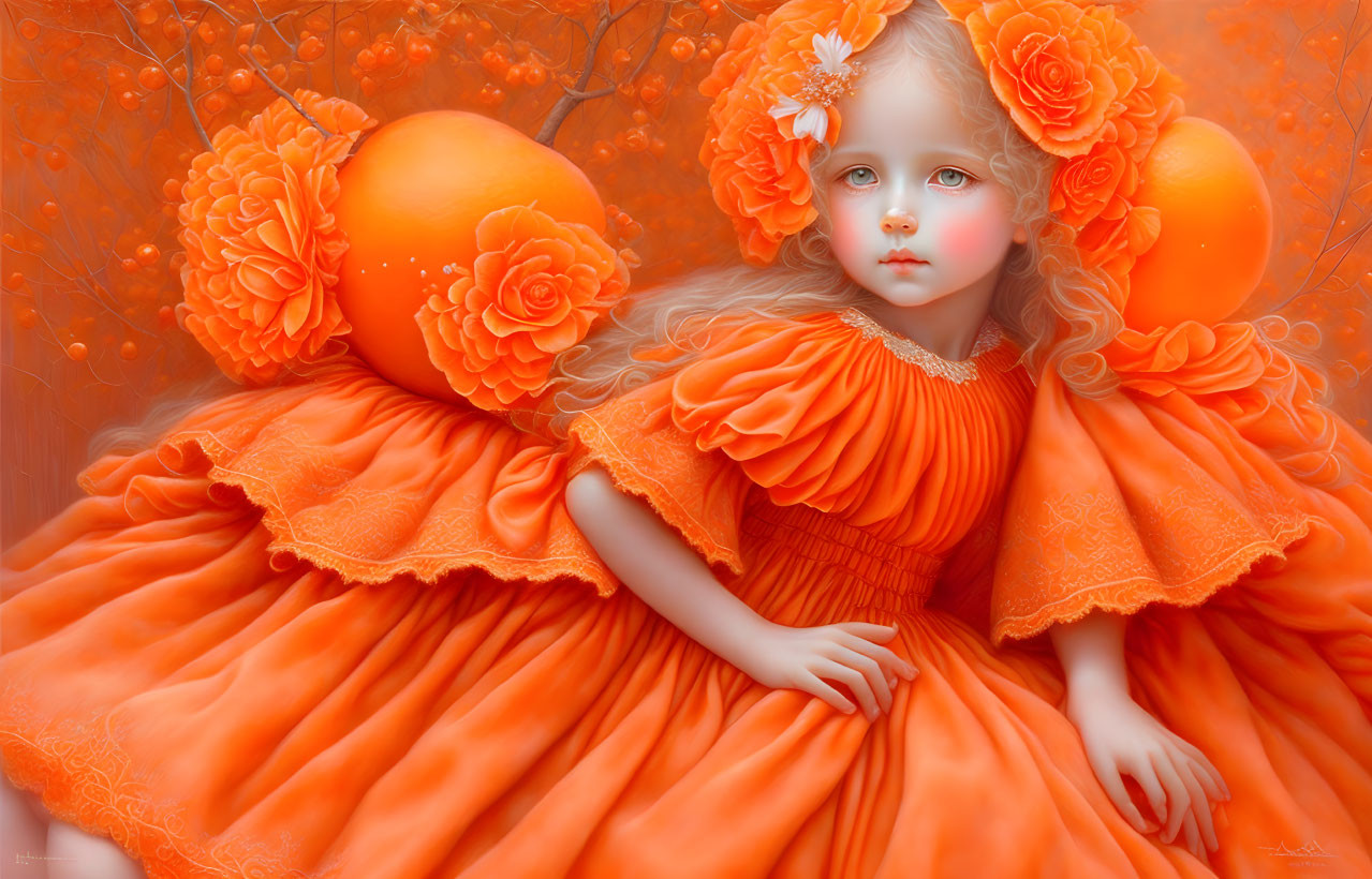 Child in ornate orange dress among orange blooms