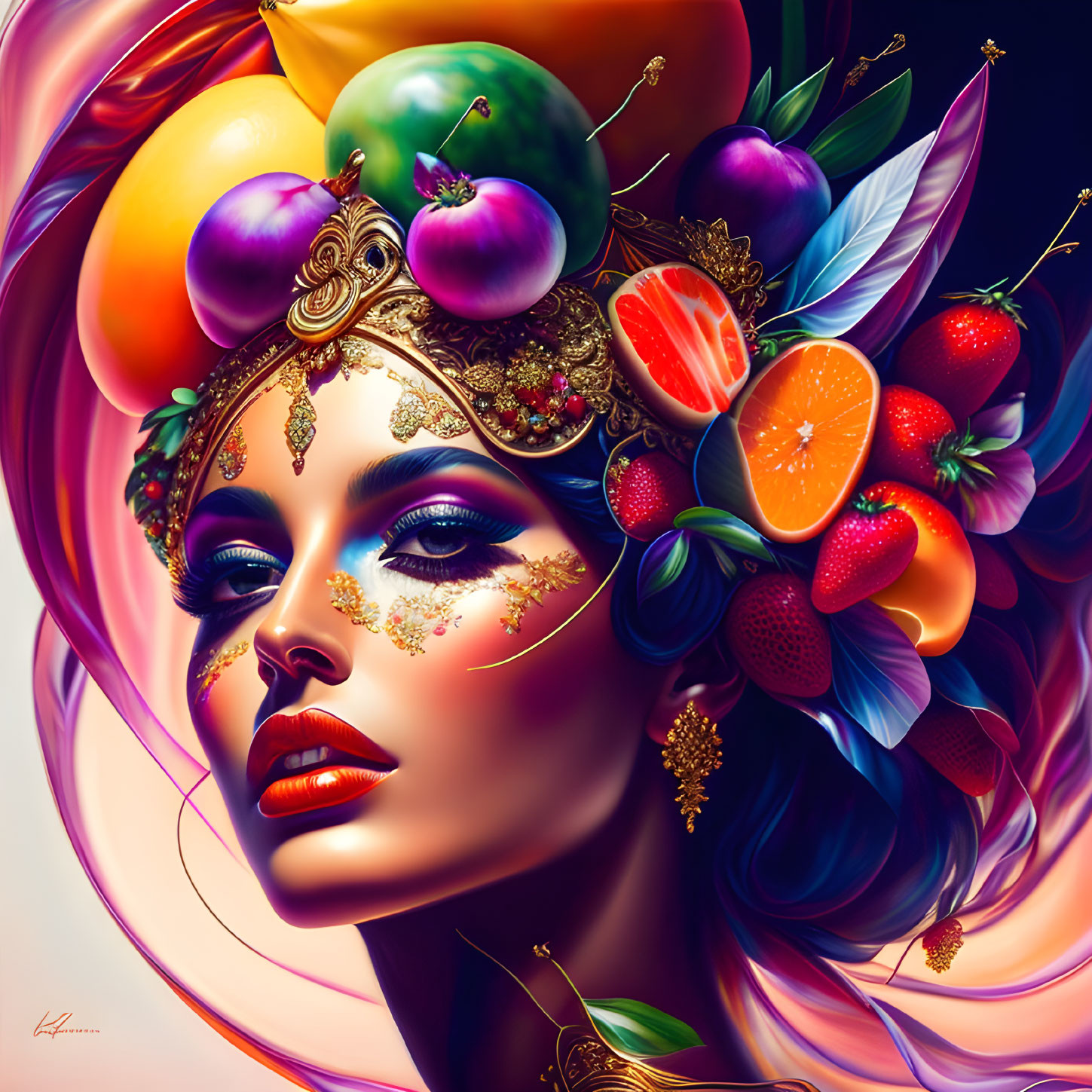 Colorful portrait of woman with fruit and flower headdress & gold jewelry