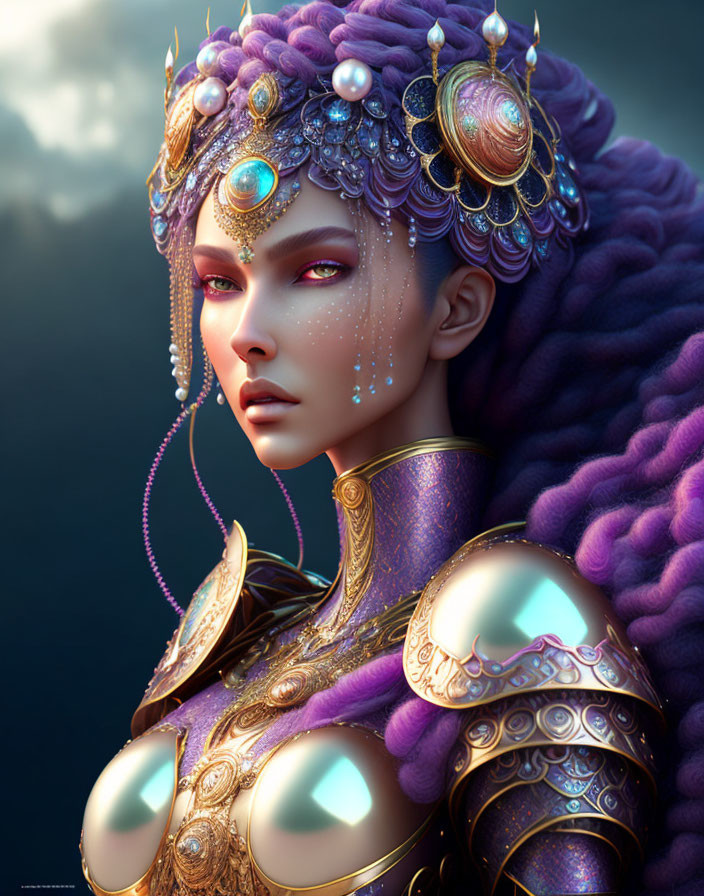 Digital artwork: Woman with fantasy headdress, purple hair, gold armor, and jewel accents under mo