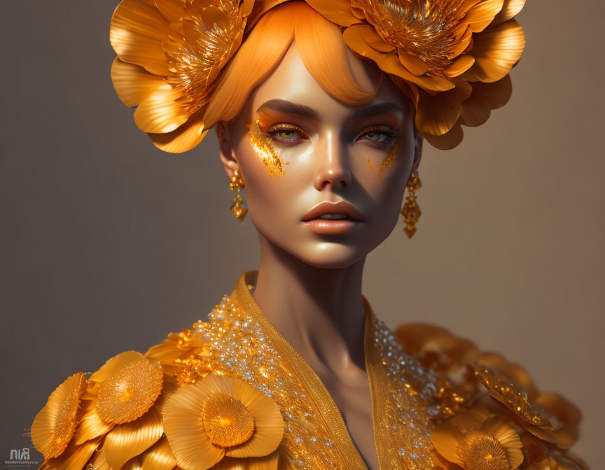 Portrait of person adorned with golden floral headpiece, makeup, and jewelry