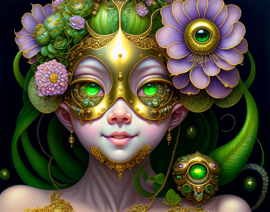 Illustrated Female Figure with Green Eyes and Golden Mask in Vibrant Floral Setting