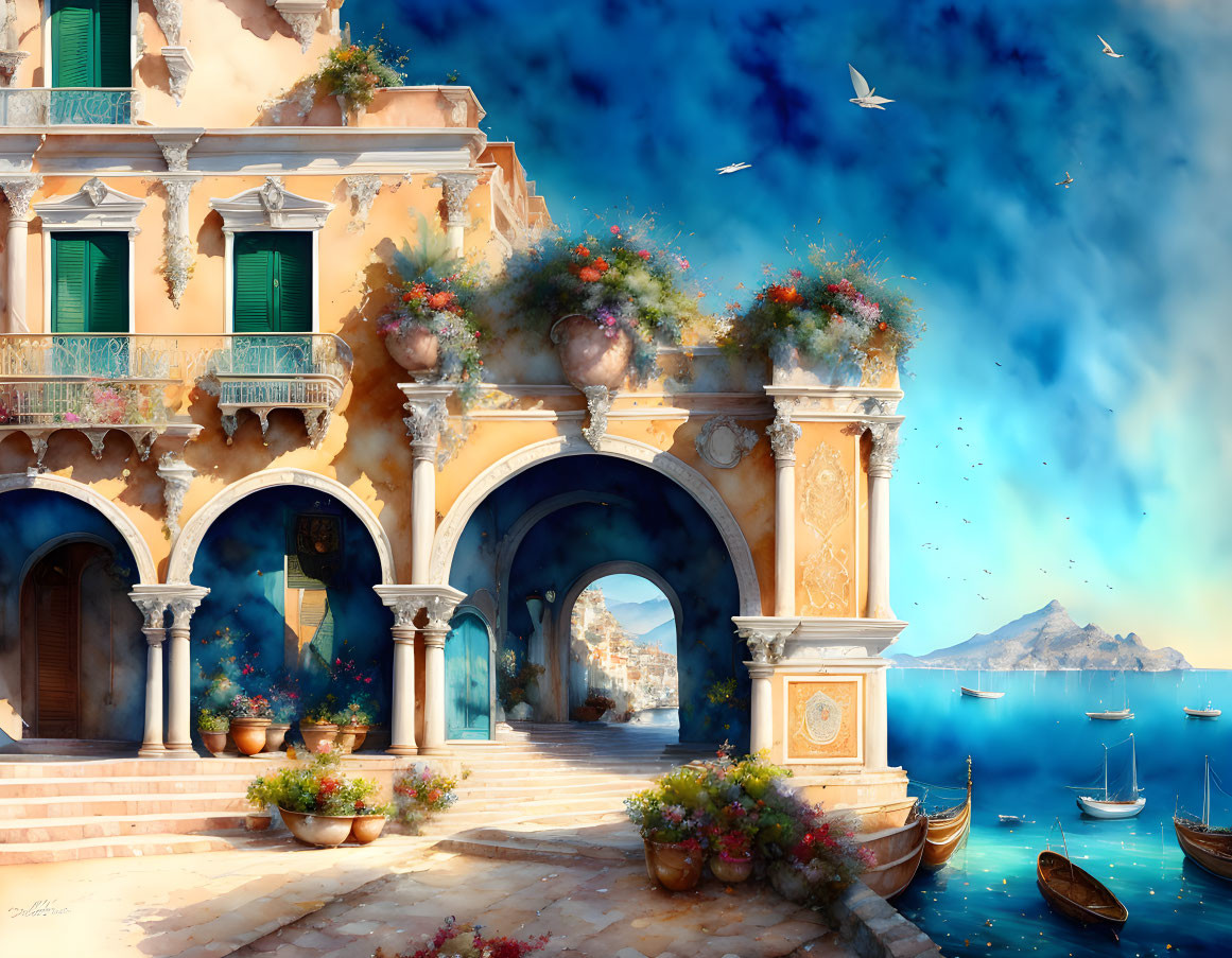 Ornate coastal building with arches, blooming flowers, boats, and birds in a serene