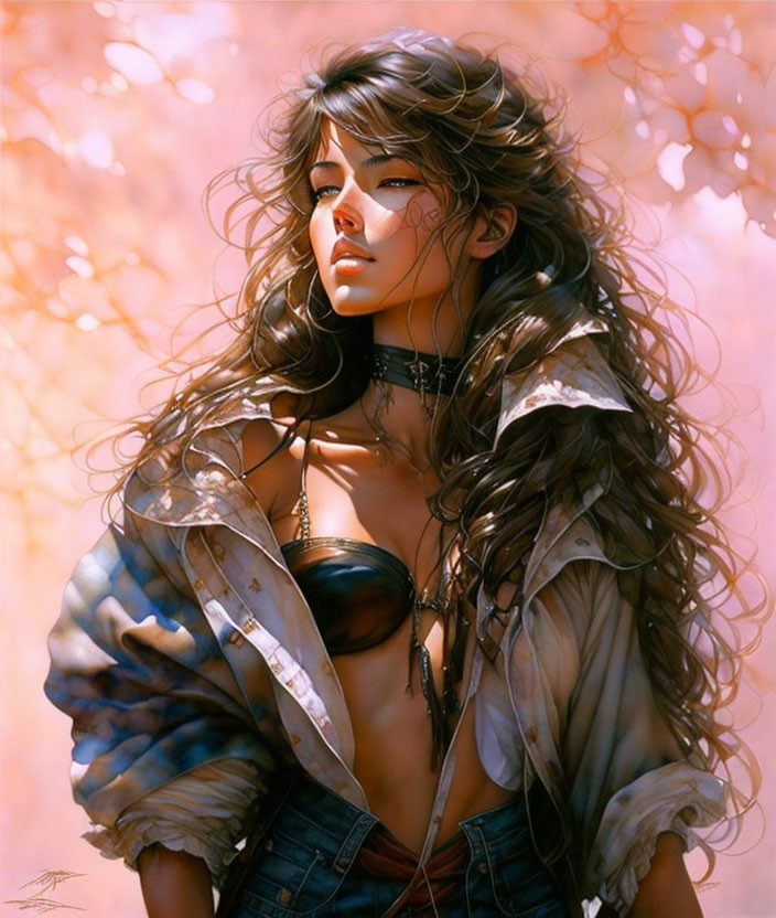 Fantasy illustration of woman with brown hair and mystical pendant against pink blossoms